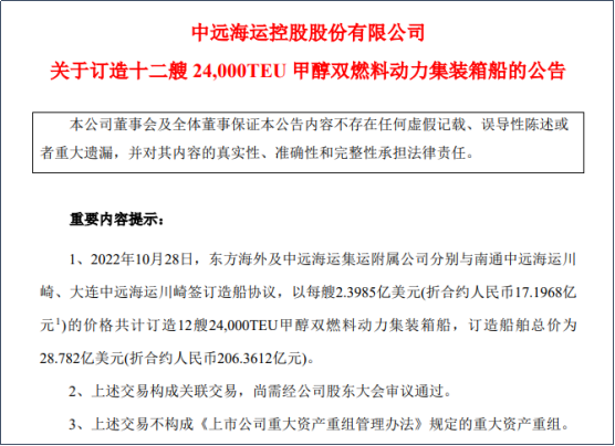 中远海控200亿元订造12艘24000TEU集装箱船！收购上港集团及广州港部分股份