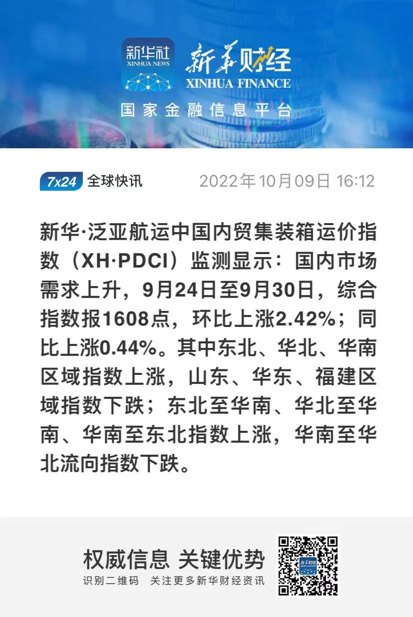 开始上涨！新华·泛亚航运中国内贸集装箱运价指数（XH·PDCI）环比上涨