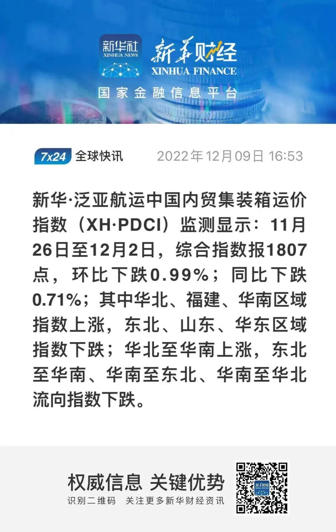 新华&amp;middot;泛亚航运中国内贸集装箱运价指数（XH&amp;middot;PDCI）环比小幅震荡